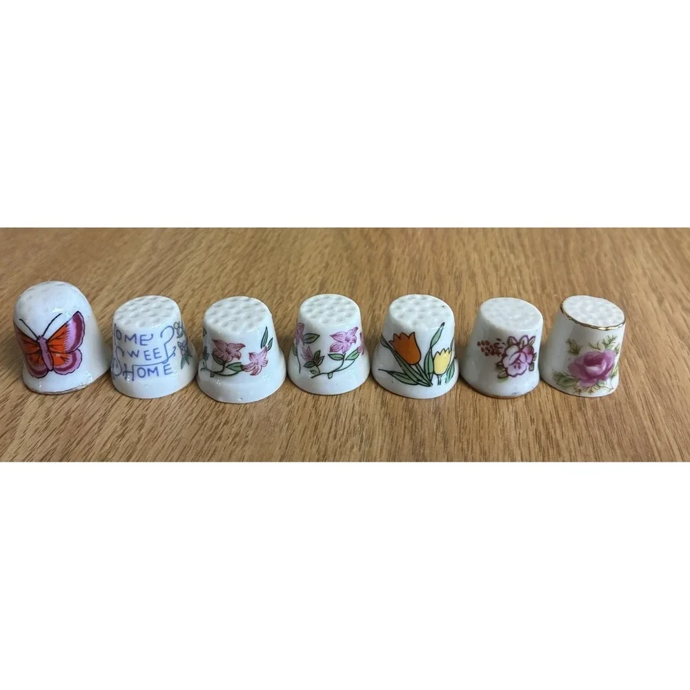 Porcelain Thimbles Butterfly Home Sweet‎ Home Flowers Vintage Sewing Lot Of 7